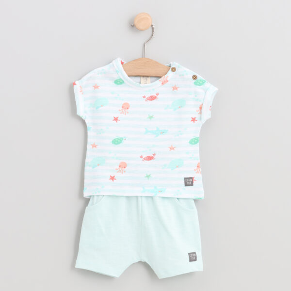 Conjunto short con camiseta animales marinos celeste